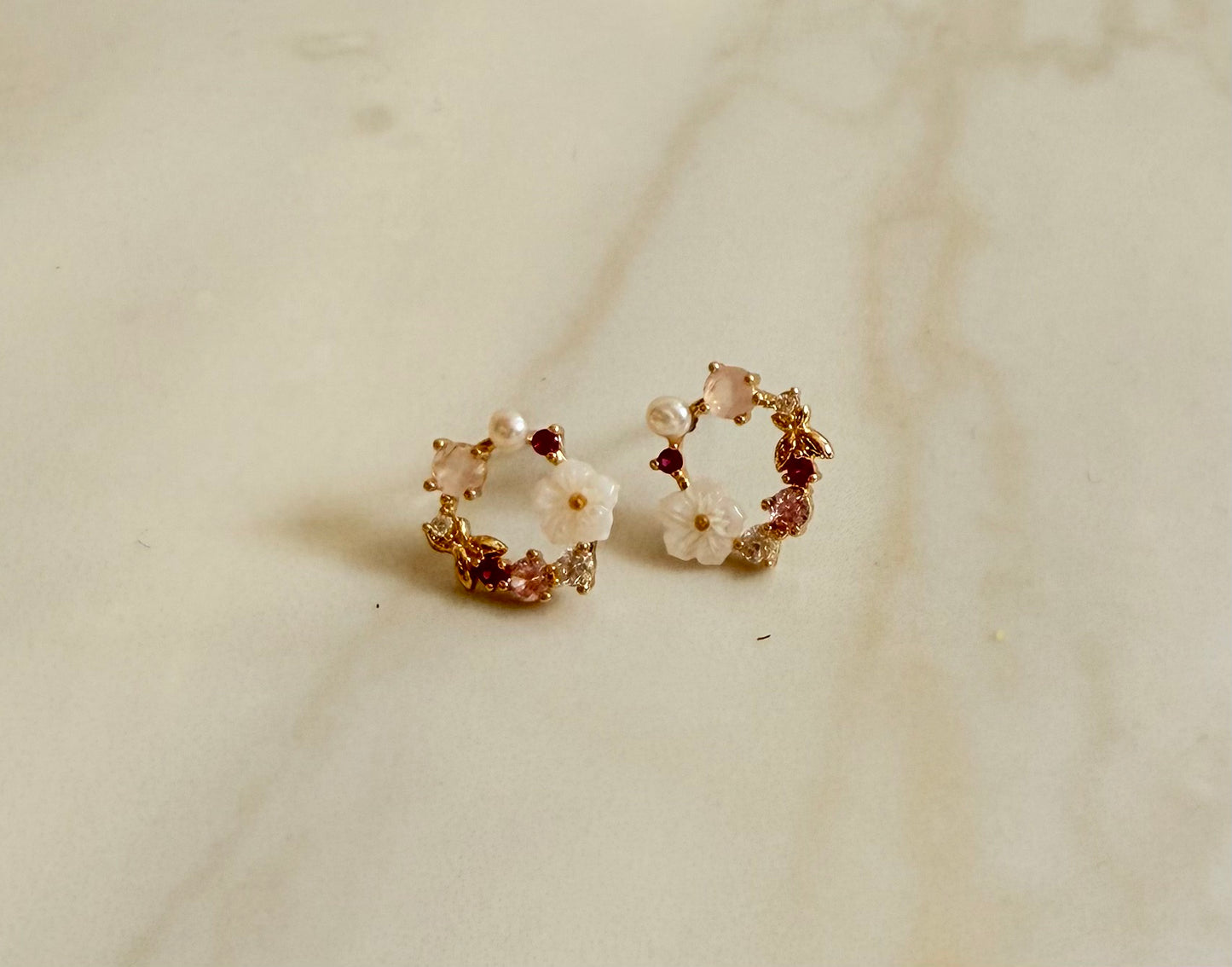 Golden shell and crystal wreath earrings