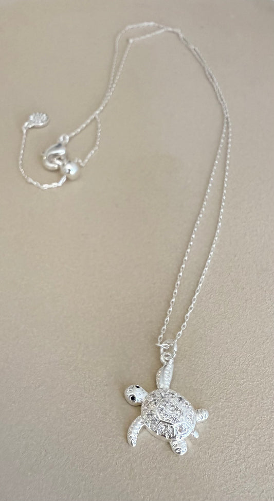 Silver plated crystal turtle necklace