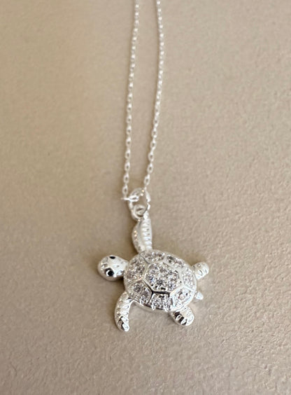 Silver plated crystal turtle necklace