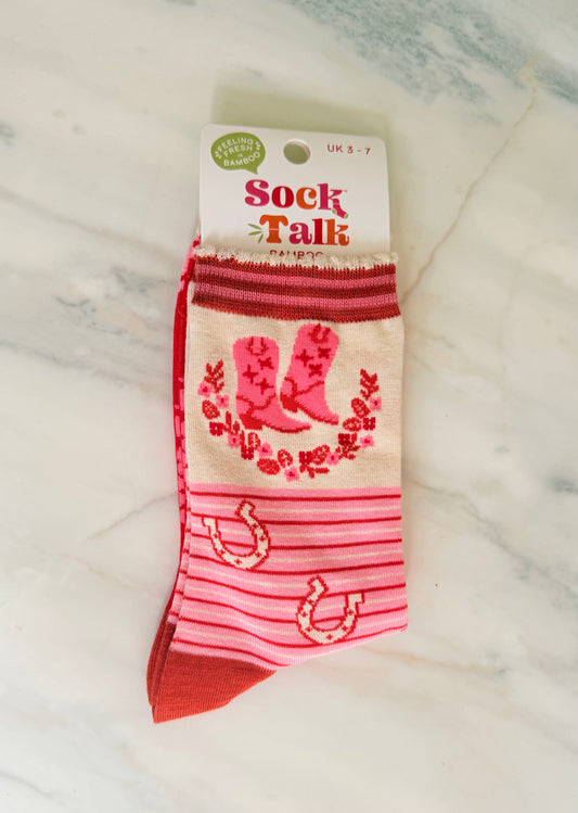 Women's Bamboo Socks - Cream/Pink, Cowboy Boot Stripe